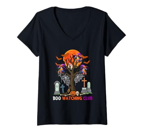 Damen Boo Watching Club Halloween Three Cute Macaws As Witch T-Shirt mit V-Ausschnitt von Bird Halloween Costume
