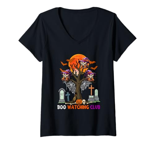 Damen Boo Watching Club Halloween Three Cute Owls As Witch T-Shirt mit V-Ausschnitt Damen Boo Watching Club Halloween Three Cute Owls As Witch T-Shirt mit V-Ausschnitt von Bird Halloween Costume