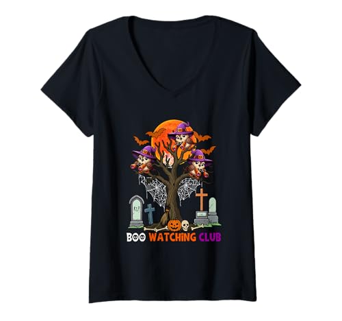 Damen Boo Watching Club Halloween Three Cute Sparrows As Witch T-Shirt mit V-Ausschnitt von Bird Halloween Costume