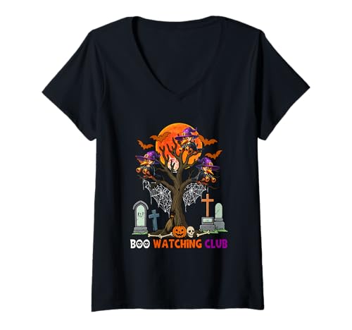 Damen Boo Watching Club Halloween Three Cute Woodpeckers As Witch T-Shirt mit V-Ausschnitt von Bird Halloween Costume