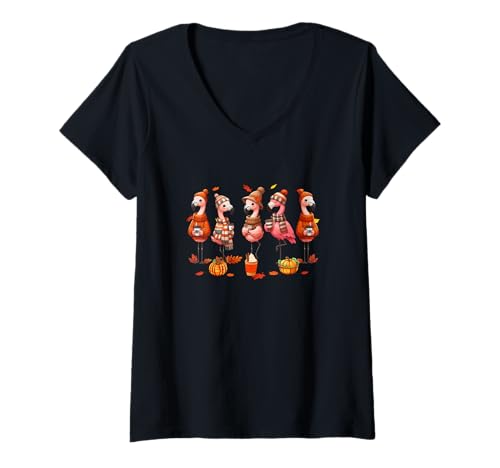Damen Gruppe Flamingos Thanksgiving Pilger Herbst Blätter Kürbisse T-Shirt mit V-Ausschnitt Damen Gruppe Flamingos Thanksgiving Pilger Herbst Blätter Kürbisse T-Shirt mit V-Ausschnitt von Bird Halloween Costume
