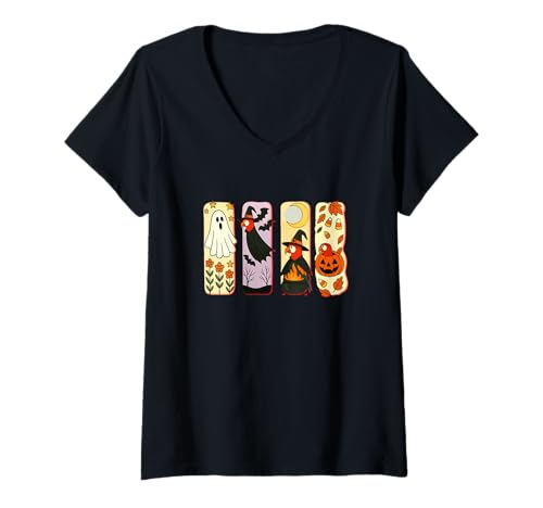 Damen Halloween Collection Papageien Cosplay Hexe geschnitzter Kürbis T-Shirt mit V-Ausschnitt von Bird Halloween Costume