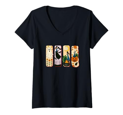 Damen Halloween Collection Pfauen Cosplay Hexe geschnitzter Kürbis T-Shirt mit V-Ausschnitt Damen Halloween Collection Pfauen Cosplay Hexe geschnitzter Kürbis T-Shirt mit V-Ausschnitt von Bird Halloween Costume