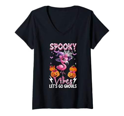 Damen Spooky Funny Vibes Halloween Ghouls Cute Flamingo As Witch T-Shirt mit V-Ausschnitt Damen Spooky Funny Vibes Halloween Ghouls Cute Flamingo As Witch T-Shirt mit V-Ausschnitt von Bird Halloween Costume