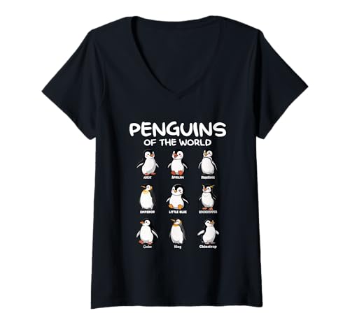 Damen Penguins of The World Funny Bird Lover Educational T-Shirt mit V-Ausschnitt von Bird Species Pinguin Facts Wildlife Nature