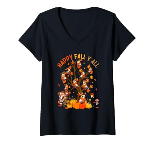 Damen Fall Y'all Group Cockatiels On Fall Tree Thanksgiving T-Shirt mit V-Ausschnitt Damen Fall Y'all Group Cockatiels On Fall Tree Thanksgiving T-Shirt mit V-Ausschnitt von Bird Thanksgiving Costume