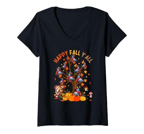 Damen Fall Y'all Group Pigeons On Fall Tree Pumpkins Thanksgiving T-Shirt mit V-Ausschnitt Damen Fall Y'all Group Pigeons On Fall Tree Pumpkins Thanksgiving T-Shirt mit V-Ausschnitt von Bird Thanksgiving Costume