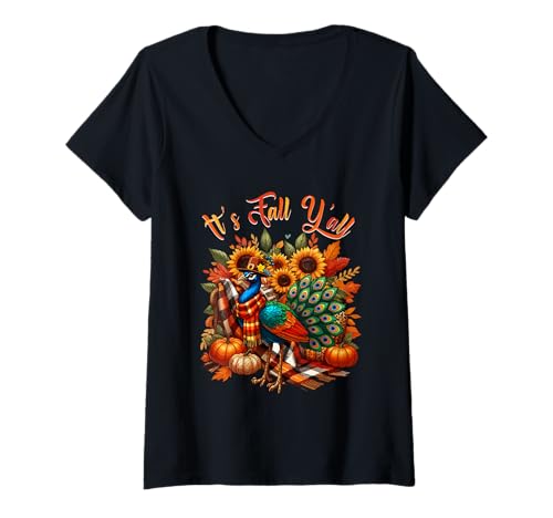 Damen Fall Y'all Thanksgiving Peacook Colorful Floral Pumpkins T-Shirt mit V-Ausschnitt von Bird Thanksgiving Costume