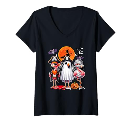 Damen Three Funny Flamingos Costume Pirate Boo Mummy Halloween T-Shirt mit V-Ausschnitt Damen Three Funny Flamingos Costume Pirate Boo Mummy Halloween T-Shirt mit V-Ausschnitt von Bird Thanksgiving Costume