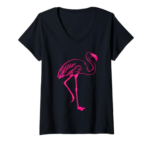Damen Retro-Vogel im Vintage-Look, rosa Flamingo T-Shirt mit V-Ausschnitt Damen Retro-Vogel im Vintage-Look, rosa Flamingo T-Shirt mit V-Ausschnitt von Bird The Word Tees
