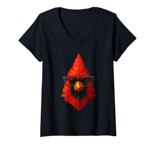 Damen Niedlicher Nerd Red Cardinal Geometrischer Vogel Low Poly T-Shirt mit V-Ausschnitt von Bird Watching Red Cardinal Birding Polygon Design