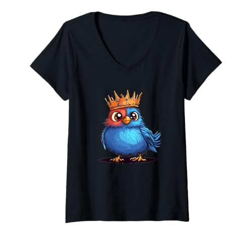 Damen Frecher Vogel mit Krone für einen lachenden Look T-Shirt mit V-Ausschnitt von Bird with Crown