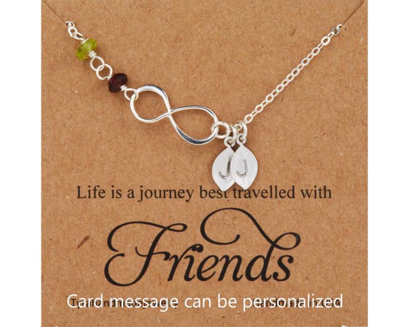 2 Initialen Und Steine, Infinity Kette Mit Blatt Ursprünglichen Charme, Seitlich Kleine Stein, Blatt-Halskette, Freundschaft, Paar, Zwillinge Baby von Birdedenjewelry