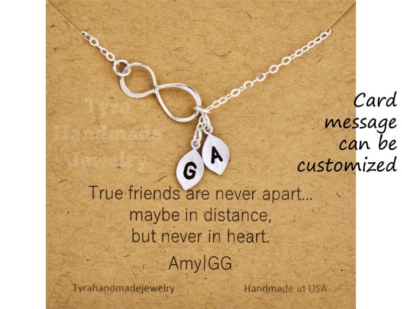 Infinity-Halskette Mit Blatt Initial Charme, Benutzerdefinierte Monogramme, Paar Familie Initialen, Jubiläumsgeschenk, Schwesternschaft, Freund von Birdedenjewelry