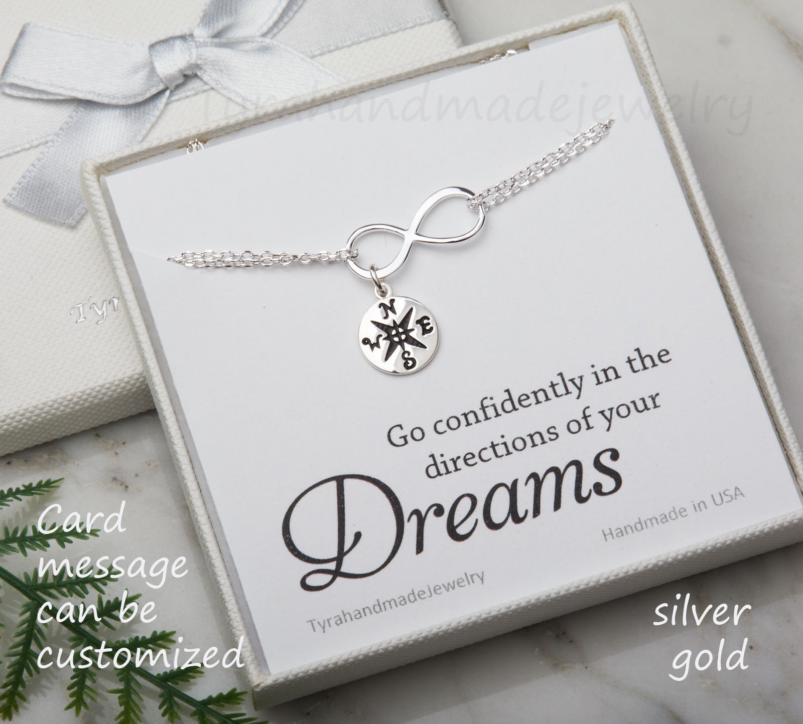 Unendlich Kompass Armband, Glücksbringer Infinity Freundschaftsarmband, Abschlussgeschenk, Schwesterlichkeit Geschenk, Individuelle Schmuck Karte von Birdedenjewelry