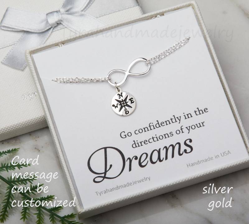 Unendlich Kompass Armband, Glücksbringer Infinity Freundschaftsarmband, Abschlussgeschenk, Schwesterlichkeit Geschenk, Individuelle Schmuck Karte von Birdedenjewelry