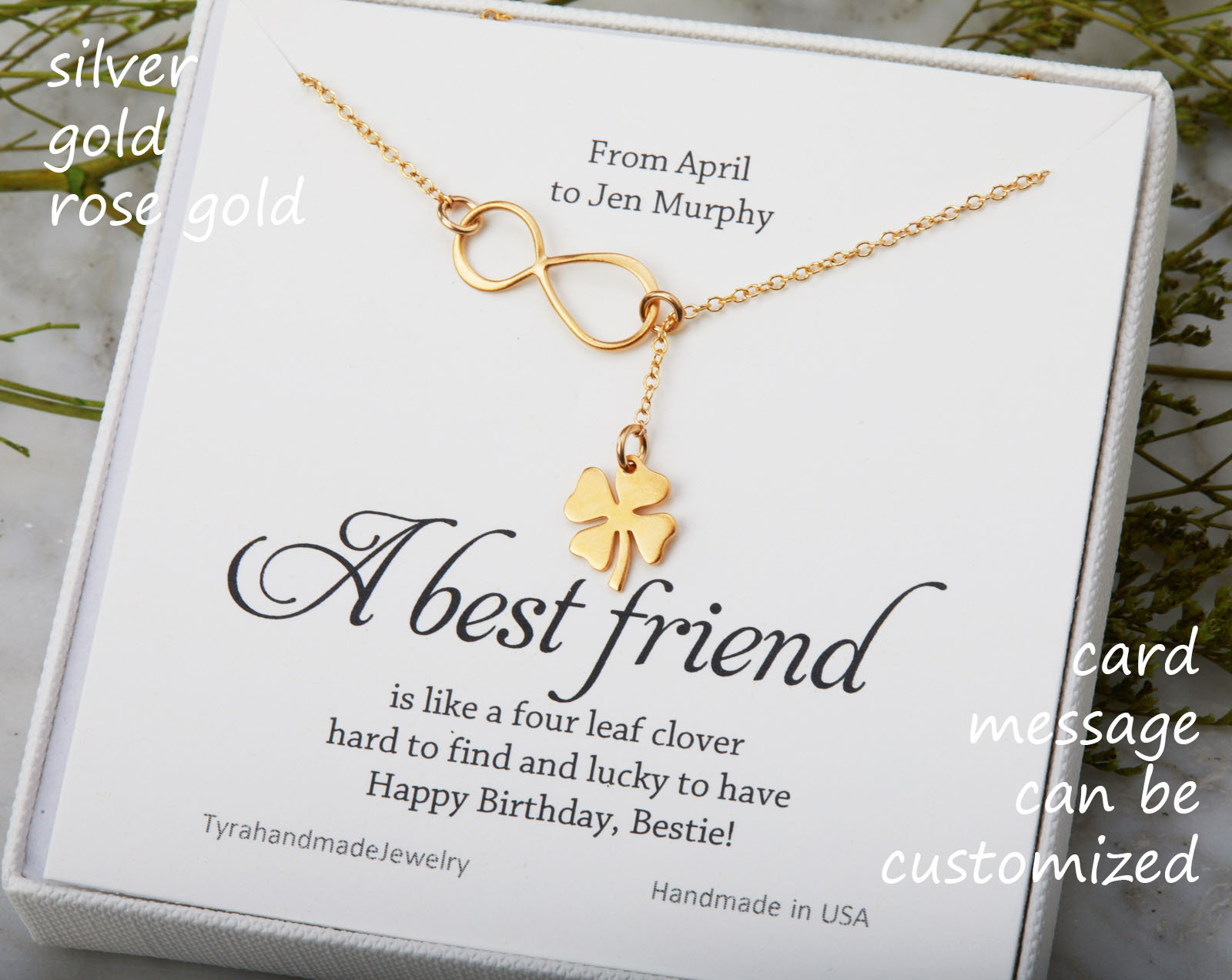 Vier Blatt Klee Infinity Lariat Y Halskette Mit Notiz-Karte, Kleeblatt Halskette, Kleeblatt, Beste Freundin, St. Patricks Day Geschenk von Birdedenjewelry
