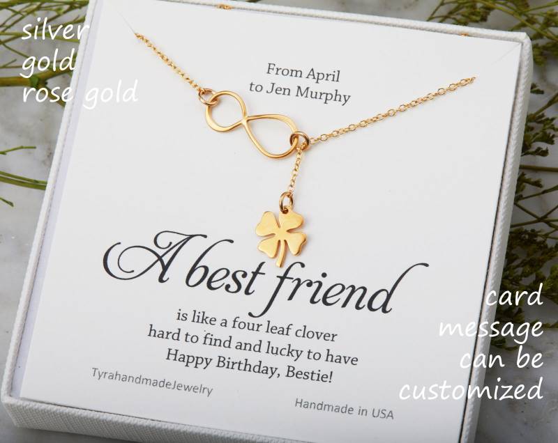 Vier Blatt Klee Infinity Lariat Y Halskette Mit Notiz-Karte, Kleeblatt Halskette, Kleeblatt, Beste Freundin, St. Patricks Day Geschenk von Birdedenjewelry