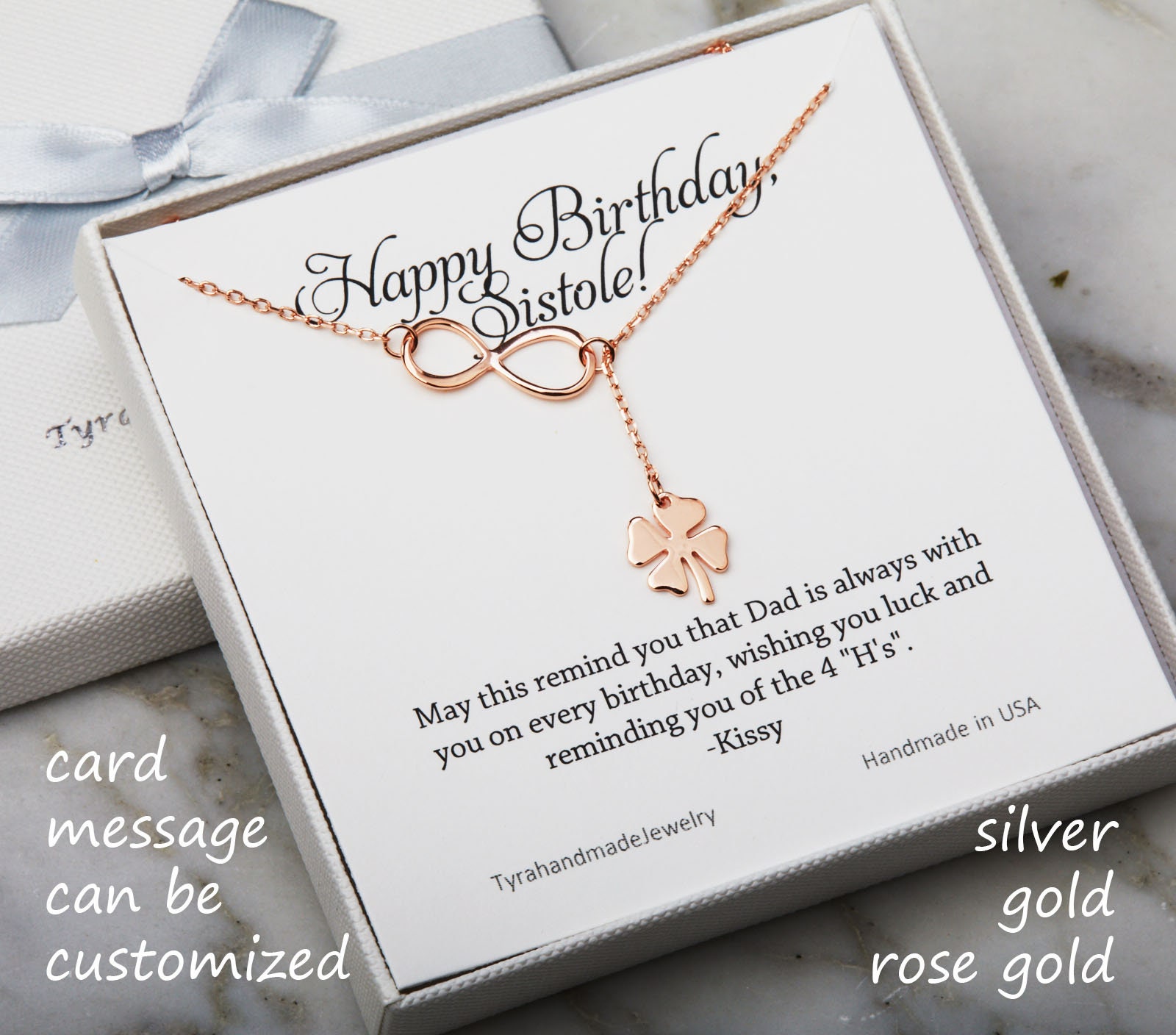 Vier Blatt Klee Infinity Lariat Y Halskette Mit Notiz-Karte, Kleeblatt Halskette, Kleeblatt, Beste Freundin, St. Patricks Day Geschenk von Birdedenjewelry