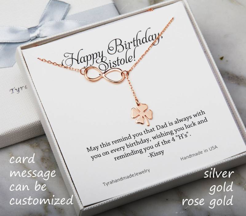 Vier Blatt Klee Infinity Lariat Y Halskette Mit Notiz-Karte, Kleeblatt Halskette, Kleeblatt, Beste Freundin, St. Patricks Day Geschenk von Birdedenjewelry