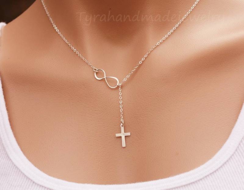 sterling Silber Seitlich Unendlichkeit Halskette Mit Einem Kreuz Anhänger, Patin Geschenk, Lariat Y Halskette, Freundschaft Geburtstag Geschenk von Birdedenjewelry