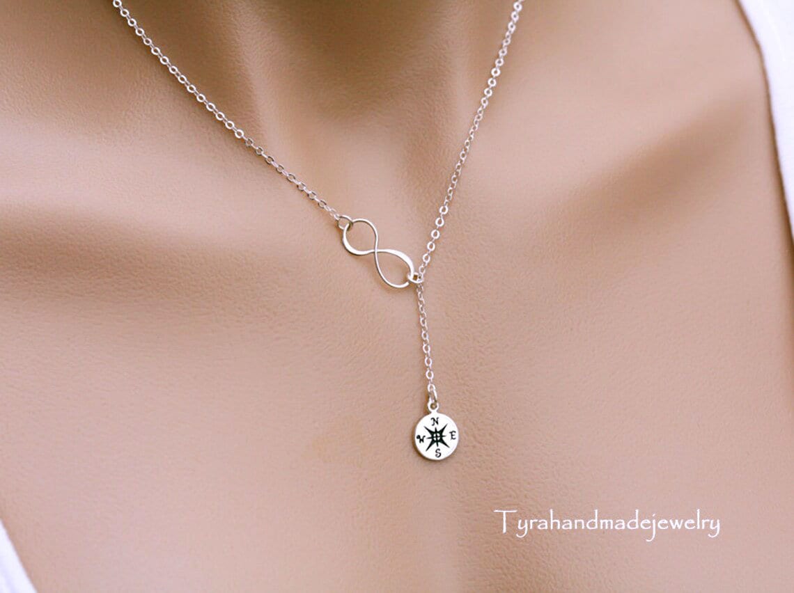 sterling Silber Unendlichkeit Kompass Lariat Y Halskette, Abschluss Geschenke, Freundschaft Beste Freundin, Abschluss, Brautjungfer Geschenk, Bff von Birdedenjewelry