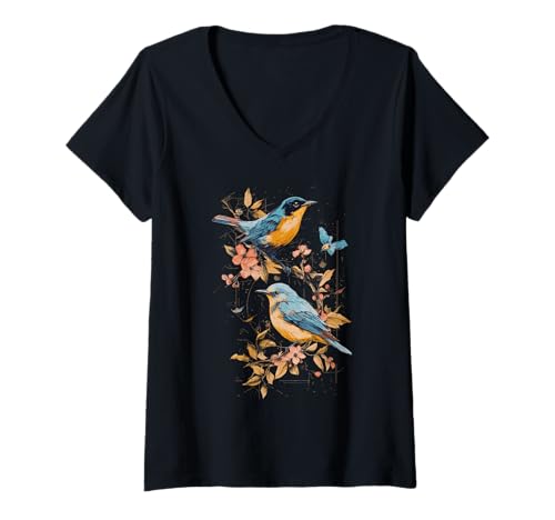 Damen Birds Blossom Spring Nature Blumendruck im Vintage-Stil T-Shirt mit V-Ausschnitt Damen Birds Blossom Spring Nature Blumendruck im Vintage-Stil T-Shirt mit V-Ausschnitt von Birding Gifts & Apparel