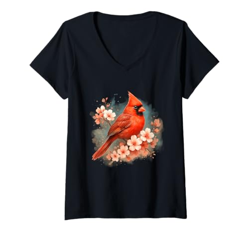 Damen Birding Red Cardinal sitzt auf einem Kirschblütenzweig T-Shirt mit V-Ausschnitt Damen Birding Red Cardinal sitzt auf einem Kirschblütenzweig T-Shirt mit V-Ausschnitt von Birding Red Cardinal Is Perched On A Cherry