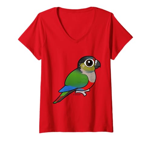 Damen Süßer Cartoon-Sittich mit karminrotem Bauch, Vogelmotiv T-Shirt mit V-Ausschnitt Damen Süßer Cartoon-Sittich mit karminrotem Bauch, Vogelmotiv T-Shirt mit V-Ausschnitt von Birdorable