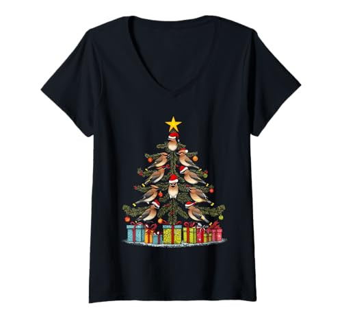 Damen Böhmischer Wachsflügel-Weihnachtsbaum T-Shirt mit V-Ausschnitt von Birds Christmas Tree