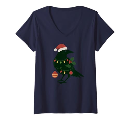 Damen Schöne Schwarze Krähe Rabe Vogel Weihnachten Ornament Design T-Shirt mit V-Ausschnitt von Birds of Black Apparel