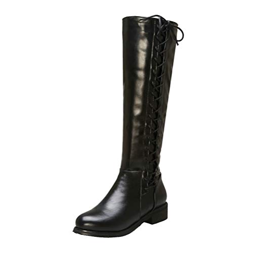 Birdsight Damen Blockabsatz Kniehoch Stiefel Knee High Boots mit Schnürung und Reißverschluss Herbst Winter Stiefel(Schwarz,46) von Birdsight