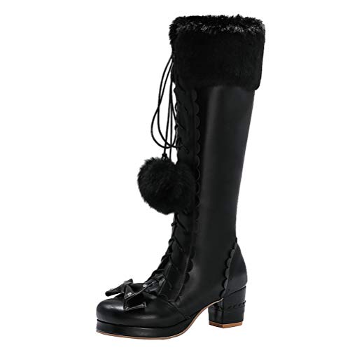 Birdsight Damen Cosplay Schuhe Kniehohe Stiefel mit Blockabsatz und Plateau Knee High Boots zum Schnüren Rockabilly Shoes (Schwarz, 39) von Birdsight