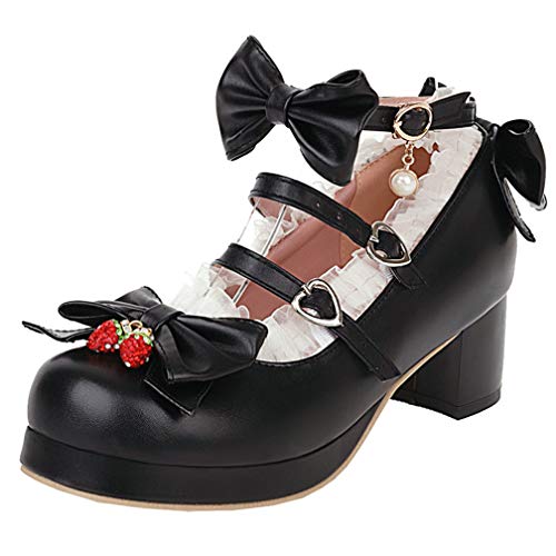 Birdsight Damen Cosplay Schuhe Rockabilly Pumps mit Riemchen Blockabsatz und Schleife Mary Jane Damenschuhe Plateau Shoes (Schwarz, 37) von Birdsight