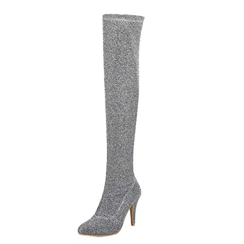 Birdsight Damen Glitzer Overknee Stiefel Stiletto High Heels Langschaft Stiefel mit 10cm Absatz Spitze Lange Boots (Silber,40) von Birdsight