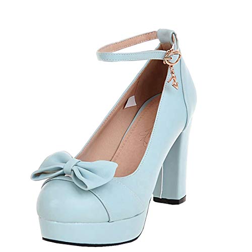 Birdsight Damen High Heels Riemchen Pumps mit Blockabsatz und Plateau Schleife 10cm Absatz Geschlossen Schuhe (Hellblau, 37) von Birdsight