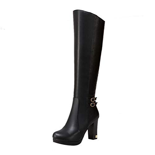 Birdsight Damen Knie High Stiefel High Heels Blockabsatz Stiefel mit Reißverschluss 9cm Absatz Langschaft Stiefel Gefüttert Winter Schuhe (Schwarz,39) von Birdsight