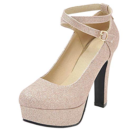 Birdsight Damen Knöchelriemen Pumps mit Riemchen High Heels Blockabsatz Glitzer Chunky Heels Plateau 12cm Absatz Schuhe (Gold, 34) von Birdsight