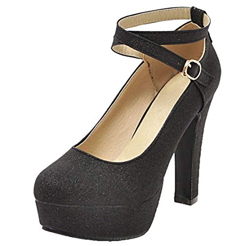 Birdsight Damen Knöchelriemen Pumps mit Riemchen High Heels Blockabsatz Glitzer Chunky Heels Plateau 12cm Absatz Schuhe (Schwarz, 38) von Birdsight