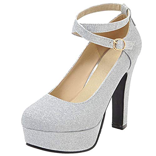 Birdsight Damen Knöchelriemen Pumps mit Riemchen High Heels Blockabsatz Glitzer Chunky Heels Plateau 12cm Absatz Schuhe (Silber, 34) von Birdsight