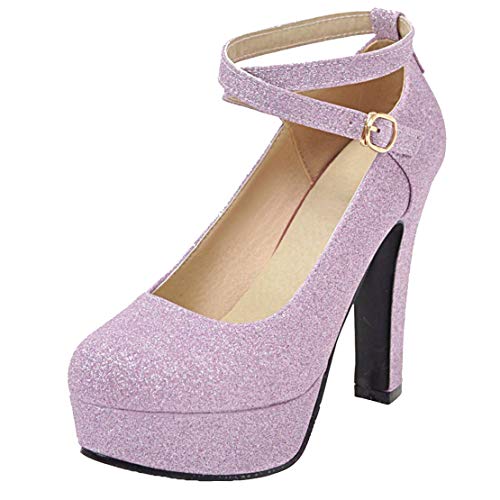 Birdsight Damen Knöchelriemen Pumps mit Riemchen High Heels Blockabsatz Glitzer Chunky Heels Plateau 12cm Absatz Schuhe (Violett, 36) von Birdsight