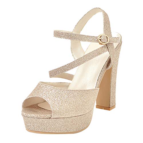 Birdsight Damen Knöchelriemen Sandalen High Heels Blockabsatz Riemchensandalen Glitzer 12cm Absatz Sommer Schuhe (Gold, 38) von Birdsight