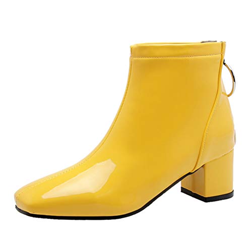 Birdsight Damen Lack Stiefeletten Blockabsatz mit Reißverschluss Hinten Chunky Heels Ankle Boots 5cm Absatz Winter Kurzschaft Stiefel (Gelb,38) von Birdsight