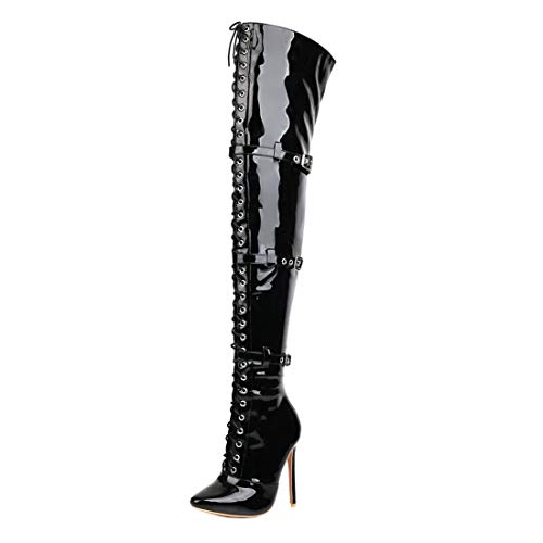 Birdsight Damen Lackstiefel Overknee High Heels Stiefel Stiletto Thigh High Boots zum Schnüren Langschaftstiefel Spitz Winter Schuhe (Schwarz, 38) von Birdsight