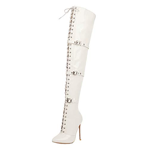 Birdsight Damen Lackstiefel Overknee High Heels Stiefel Stiletto Thigh High Boots zum Schnüren Langschaftstiefel Spitz Winter Schuhe (Weiss, 39) von Birdsight