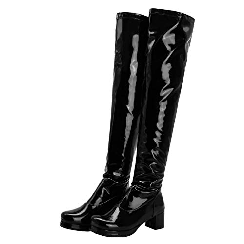 Birdsight Damen Lackstiefel Overknee Stiefel mit Blockabsatz und Plateau Thigh High Boots Reißverschluss Langschaftstiefel Winter Schuhe (Schwarz, 38) von Birdsight