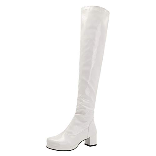 Birdsight Damen Lackstiefel Overknee Stiefel mit Blockabsatz und Plateau Thigh High Boots Reißverschluss Langschaftstiefel Winter Schuhe (Weiss, 39) von Birdsight