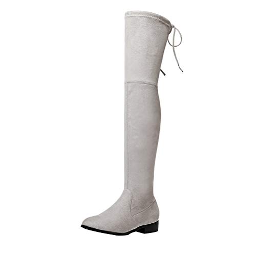 Birdsight Damen Overknee Stretch Boots Flach Stiefel mit Schnürung Herbst Winter Lange Stiefel(Hellgrau,37) von Birdsight