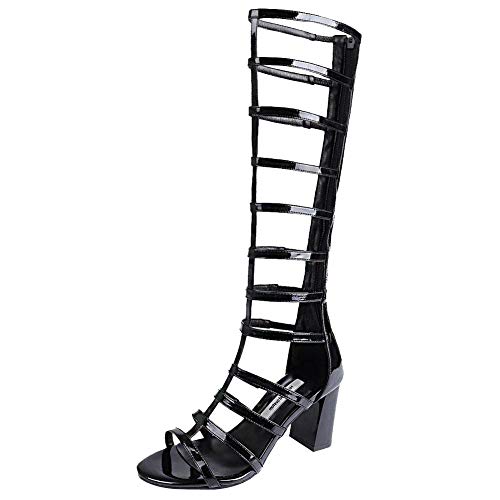 Birdsight Damen Römersandalen Kniehoch High Heels Gladiator Sandalen mit Blockabsatz und Reißverschluss Hinten Lack Sommer Stiefel (Schwarz, 39) von Birdsight