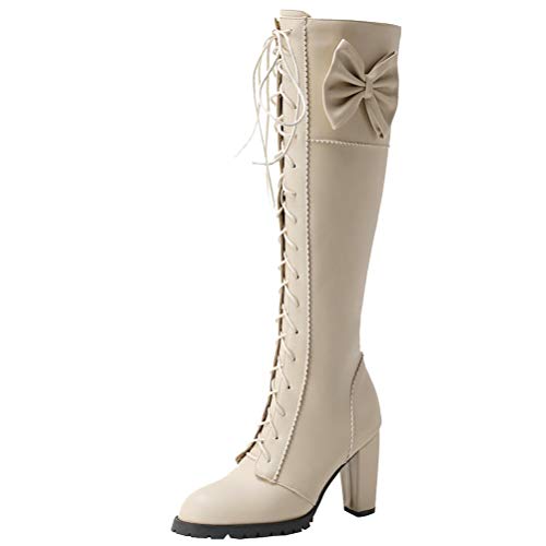 Birdsight Damen Schnürstiefel Kniehoch High Heels mit Blockabsatz und Schleife Kniehohe Boots zum Schnüren Rockabilly Cosplay Schuhe (Beige, 37) von Birdsight